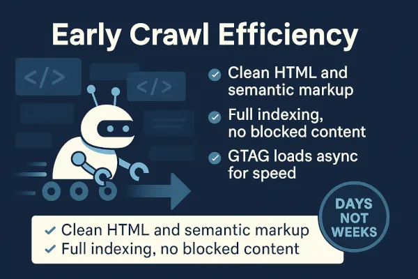 Crawler friendly layout with visible content, proper headings, and canonical tags